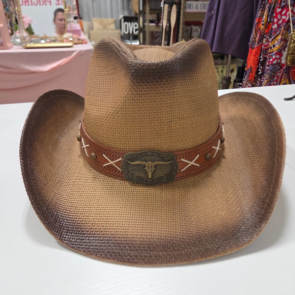 L.L.K Women Brown Ombre Grass Cowboy Hat Longhorn Bull Skull Buckle NWT